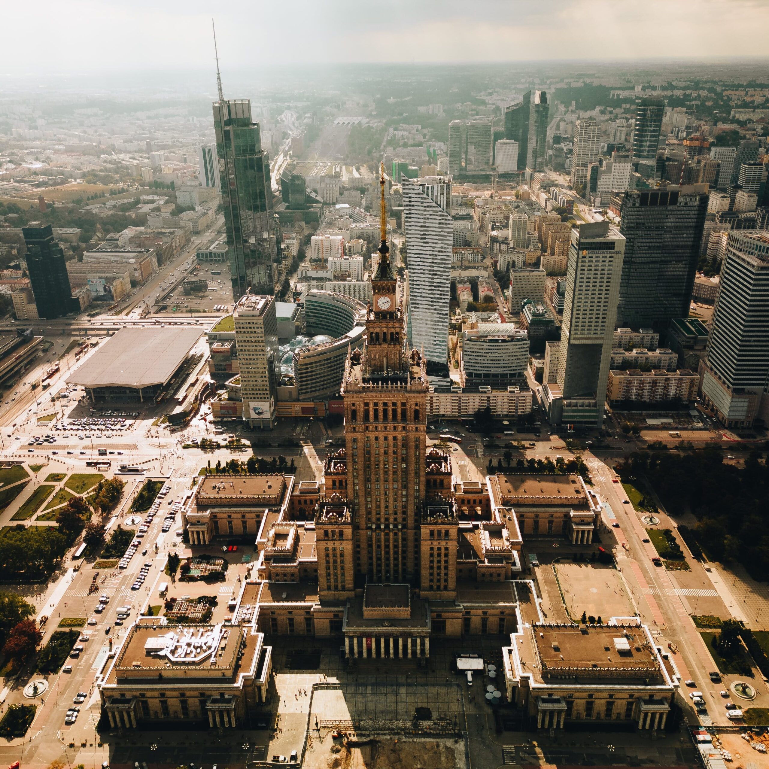 Palace of Culture and Science in Warsaw - a prominent cultural and scientific center in Warsaw, Poland. An iconic skyscraper, built in the 1950s, featuring a mix of architectural styles including Socialist Realism. It serves as a hub for various events, exhibitions, and houses theaters, museums, and institutions.